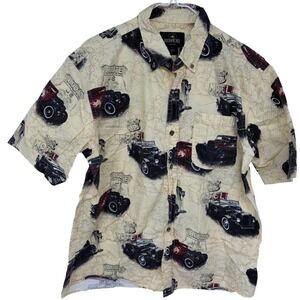 RedHead Route 66 Motel‎ Button Up Shirt Large Mens Cream Old School Cars AOP